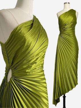 Dress Forum NWT Chartreuse Golden pleated dress one shoulder asymmetric event S